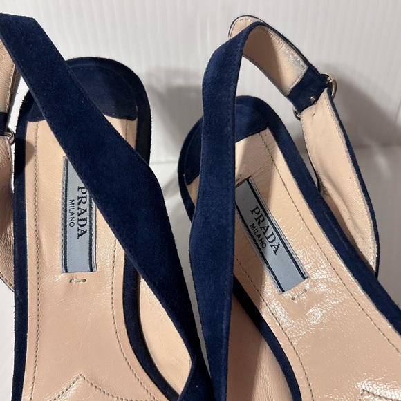 PRADA suede navy d’Orsay open toe sling back heel size 38 1/2 EU - Picture 5 of 11